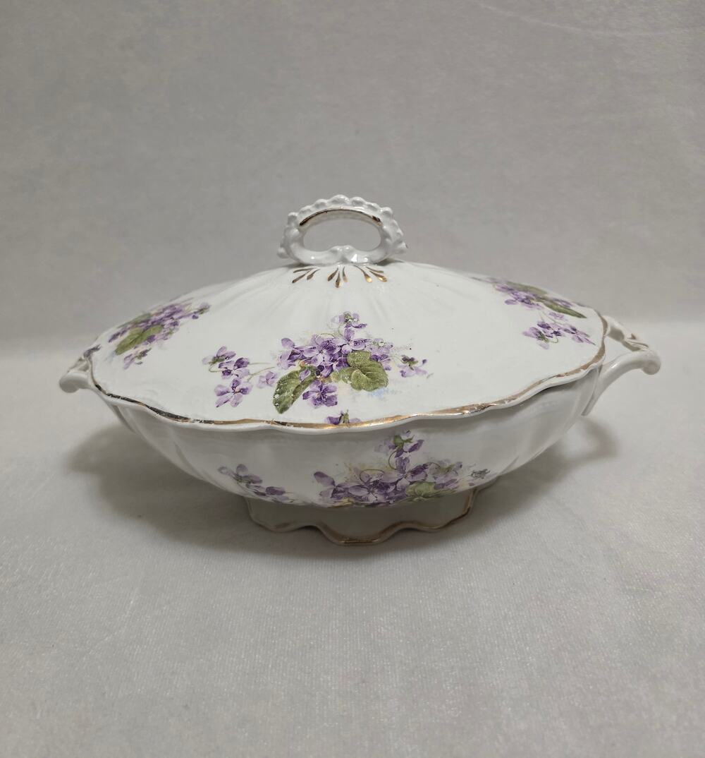 Antique M&S Semi Porcelain Oval Covered Vegetable Tureen Casserole Dish Purple